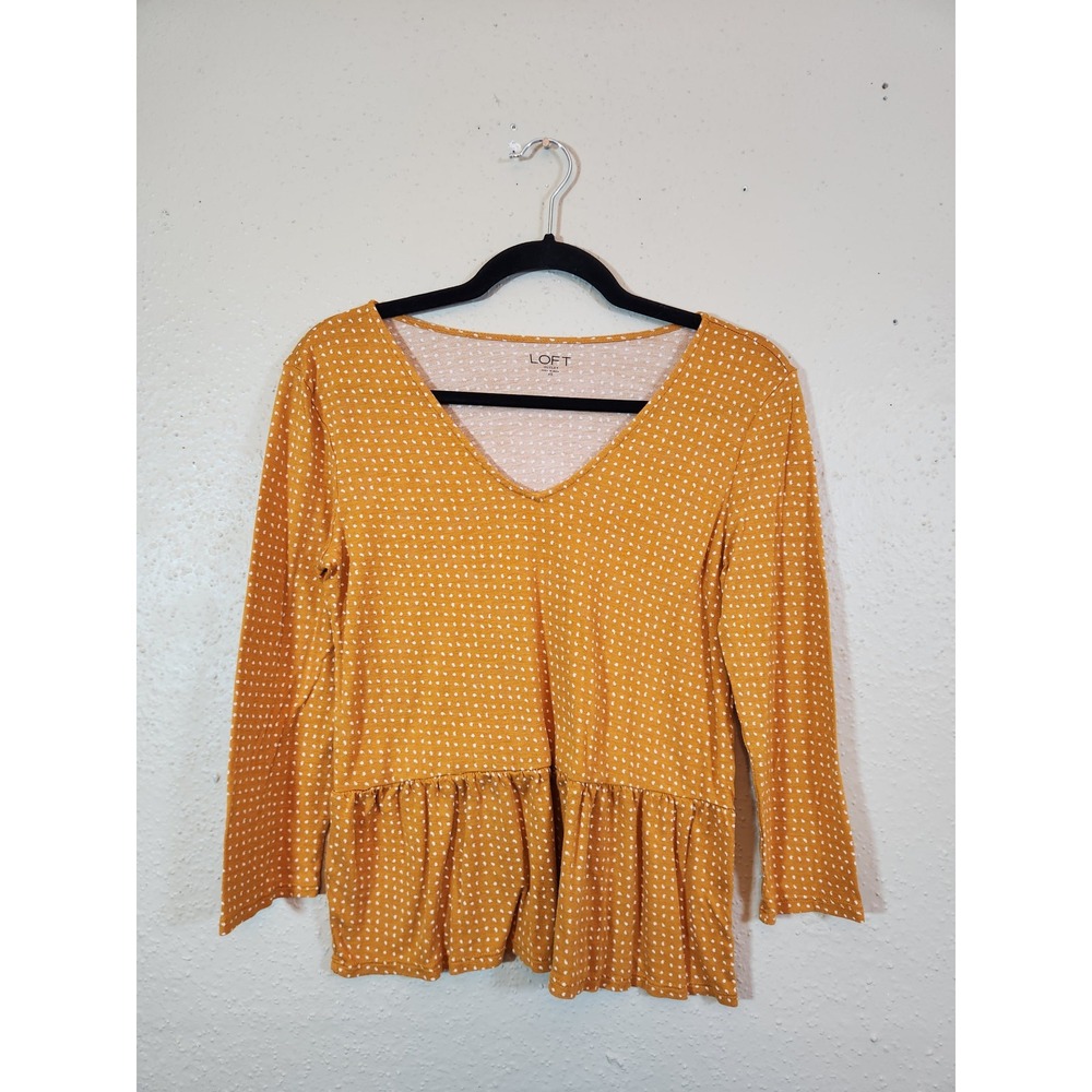 LOFT Womens XS Mustard Yellow Polka Dot Peplum Top V-Neck Long Sleeve Rayon